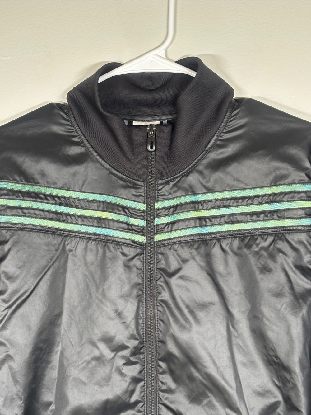 Vintage Adidas Woven Nylon Chest Panel Track Jacket Black Green Striped Small - Picture 3 of 8